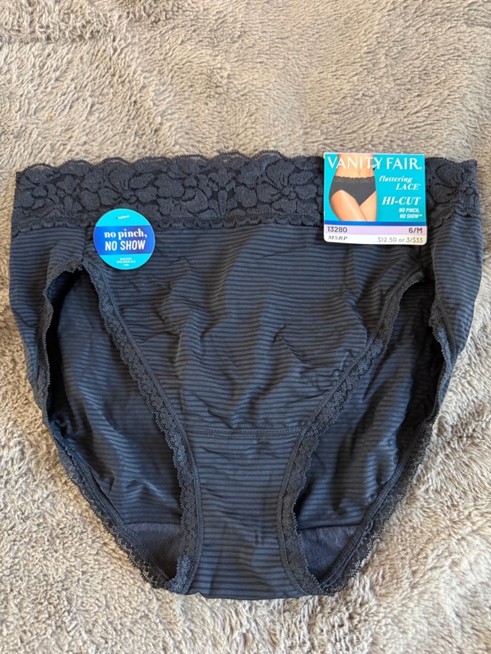 2 pr. Vanity Fair Black Lace Hi-Cut Briefs with Subtle Stripes